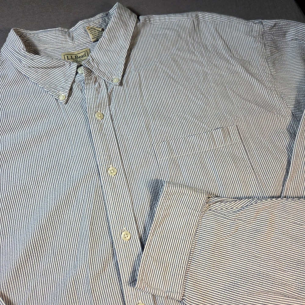 LL Bean Mens XXL Tall Seersucker Shirt Blue White Striped Button Down